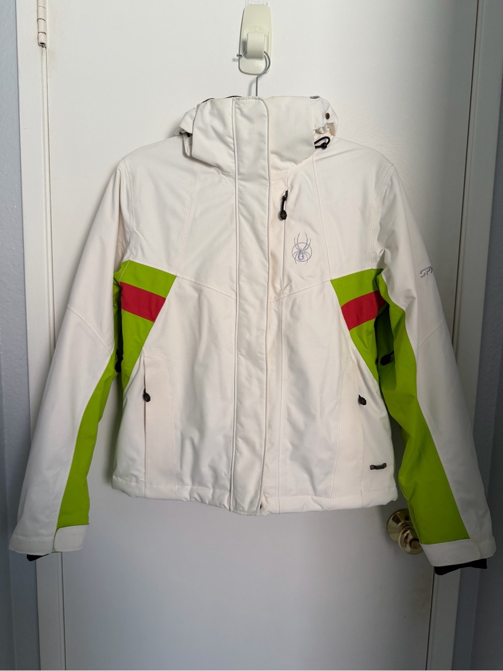 Spyder Women’s White Ski Jacket with Lime and Red Accents Size 8